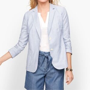 Talbots Linen Blend Seersucker Striped Blazer Jacket Blue White 10 Preppy